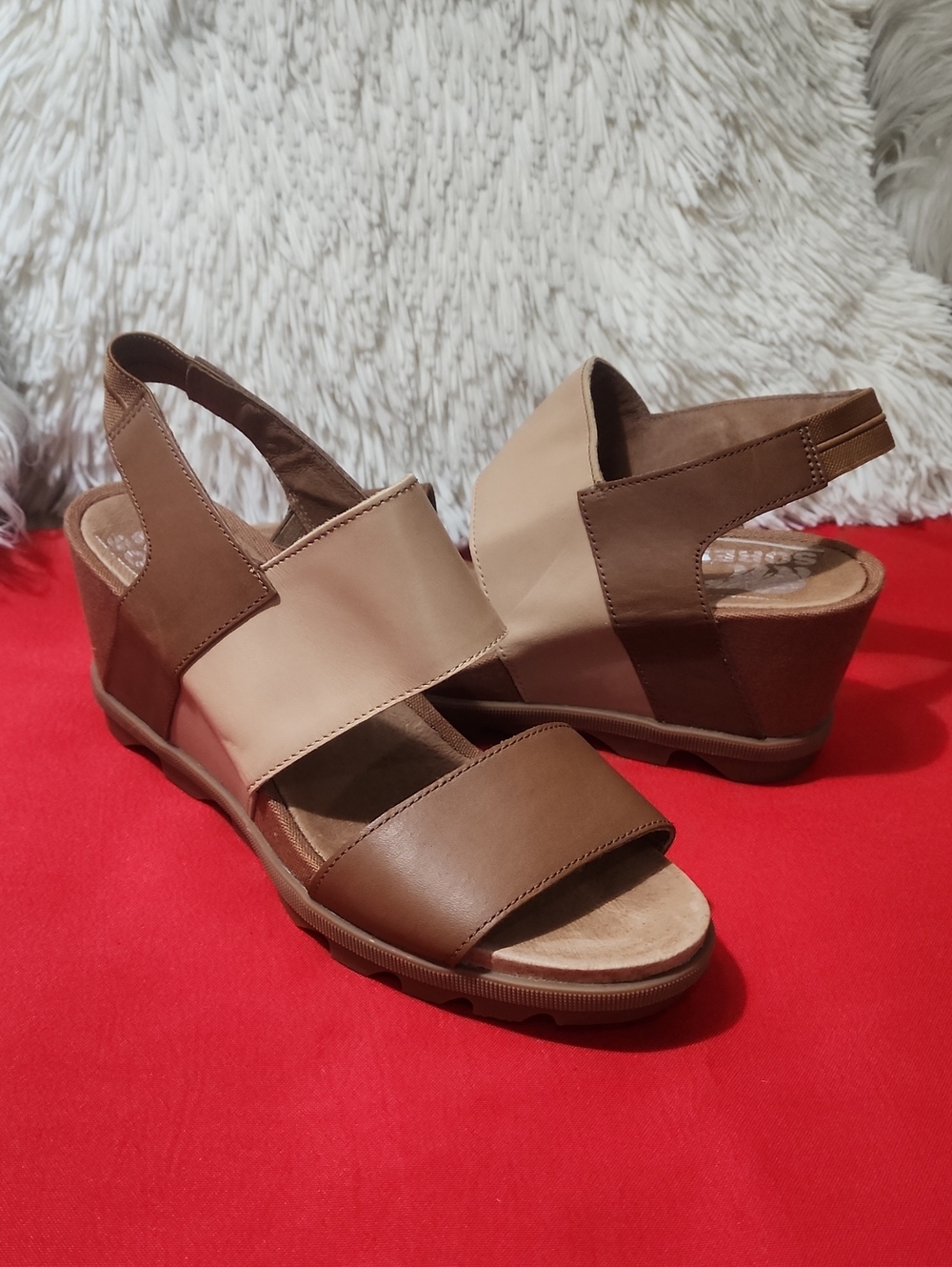 Sorel Women's Joanie II Slingback Brown & Beige Elastic Slingback Wedge Sandals - Picture 1 of 11